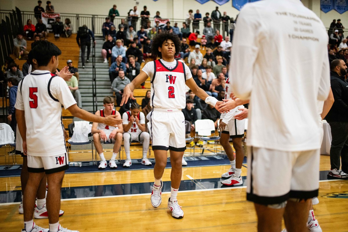 Harvard-Westlake guard Robert Hinton during starting lineup announcements at the Les Schwab Invitational on Dec. 27, 2023.