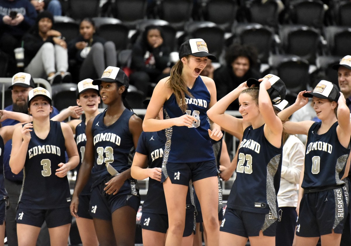 Edmond North players celebrate after defeating Mustang to win the girls championship of the Mustang Holiday Classic on Dec. 30, 2023.