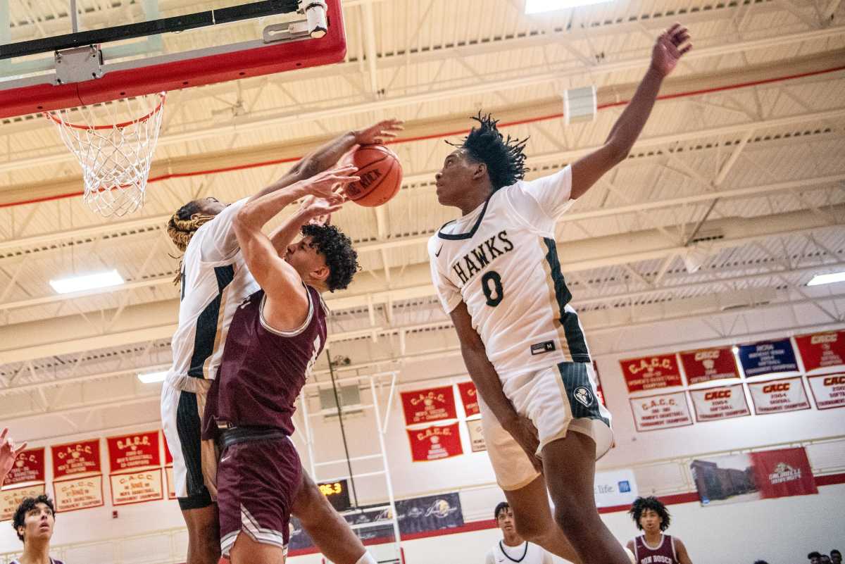 Don Bosco plays Hudson Catholic during the Dennis Gregory Memorial Classic at Caldwell University on Saturday Jan.15, 2022. (From left) HC #21 Xavier Edwards, DB #3 Evan Cabral and HC #0 Tahaad Pettiford. 