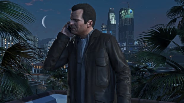 GTA 5 screenshot of a character on the phone.