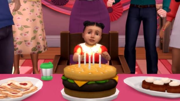 The Sims 4 pack giveaway: An animated child wearing a red dress and sitting in a dark wooden highchair is staring at a large hamburger with birthday candles in it, set on a pink tablecloth with cupcakes around it