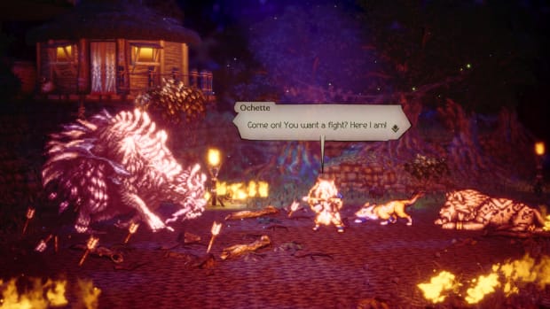 Octopath Traveler 2 Ochette taunting a big monster