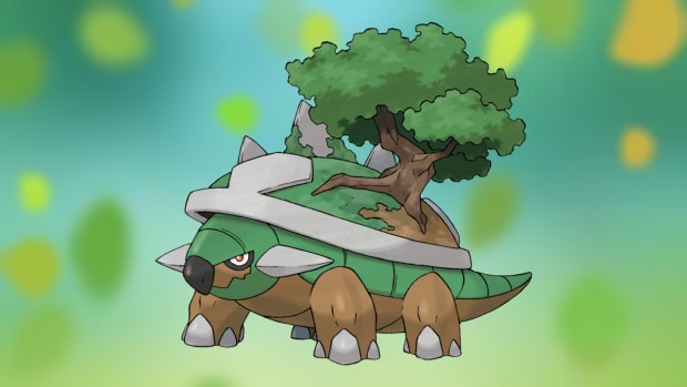 Torterra, a turtle-like creature with a mountain and a tree on its back.