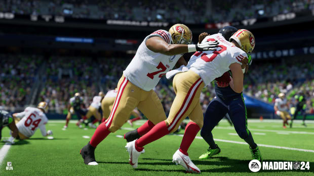 Madden NFL 24 screenshot of a tackle.