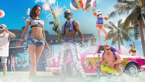 PUBG Summerfest 2023 poster with armed characters in summer clothing at a beach.