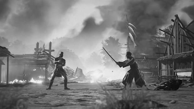 Trek to Yomi screenshot showing a black-and-white dueling scene between two katana-wielding warriors.