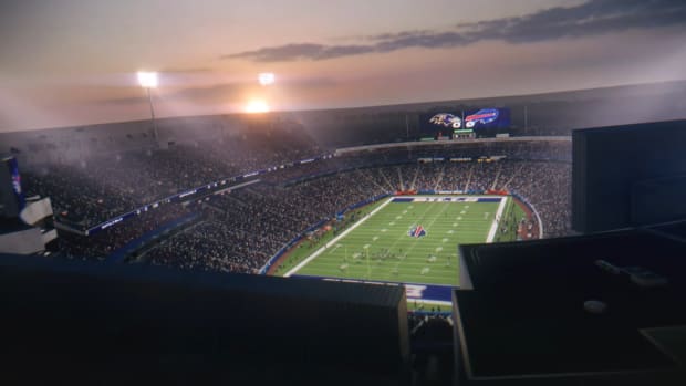 Madden NFL 24 stadium at nightfall.