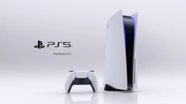 PlayStation 5 in white and black on white background.