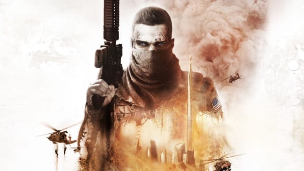 A man wearing a bandana over his mouth and holding a machine gun in his right hand is depicted in faded sepia with helicopters flying around him in the background