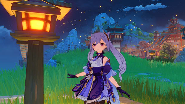 Genshin Impact's Keqing standing near a lantern with Liyue behind her