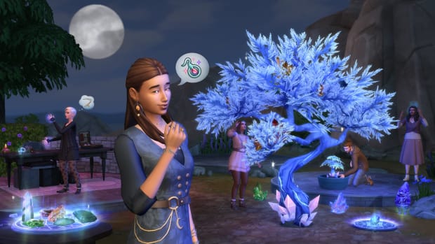 A Sim wearing Sims 4 stuff pack crystal creations clothes stands near a crystal tree under the moonlight