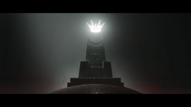 Solium Infernum key art of a crown above a dark stone throne.