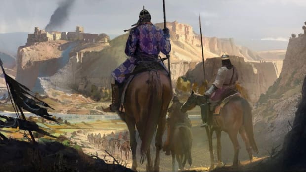 Crusader Kings 3 artwork showing riders in front of a castle.