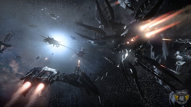 Squadron 42 artwork showing a space battle between several ships.