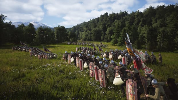 Manor Lords screenshot showing an army forming up for battle.