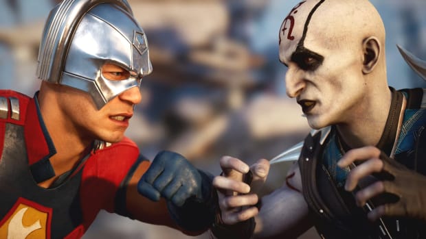 Mortal Kombat 1 screenshot of Peacemaker fighting Quan Chi.