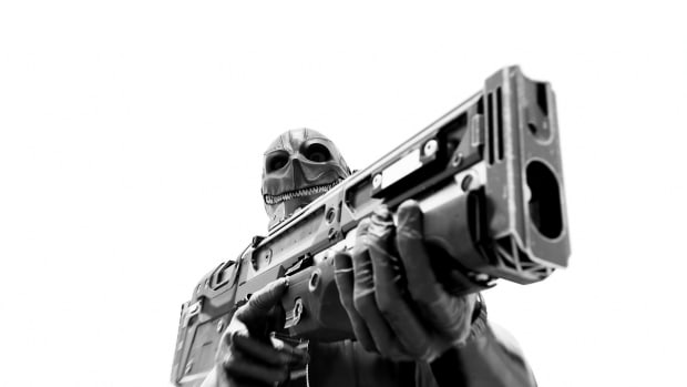 Den of Wolves artwork showing a masked gunmen in grey on a white background.