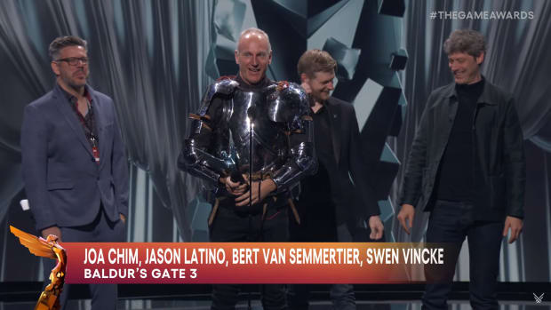 Baldur's Gate 3 crew accepting the GOTY trophy.