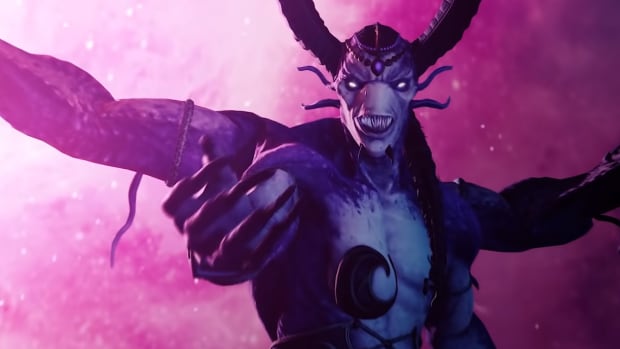 Total War: Warhammer 3 trailer screenshot of Slaanesh Daemon N'Kari holding out a hand.