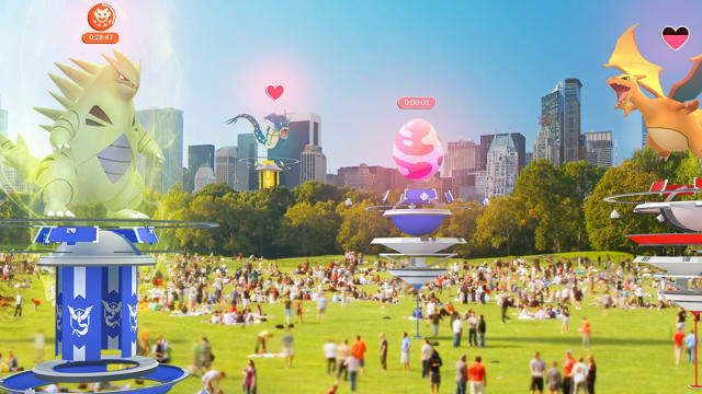 A crowded park with Pokémon Go gyms.