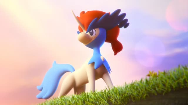 Keldeo on a grassy hill in Pokémon Go.