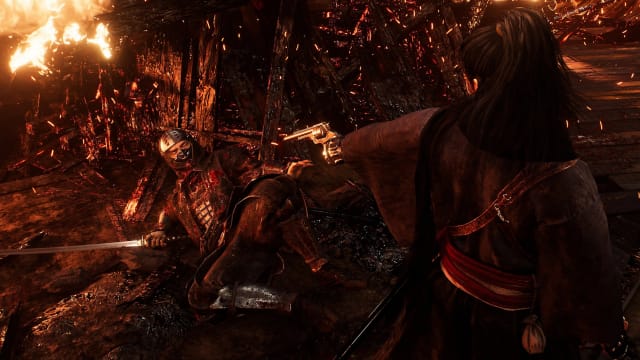 Rise of the Ronin screenshot showing a samurai pointing a revolver at another samurai on the ground.