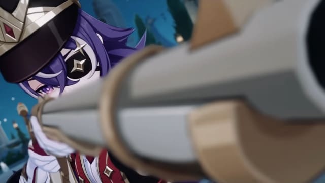 Genshin Impact's Chevreuse looking down the sights of her musket.