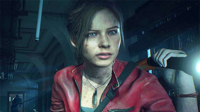 Resident Evil 2's Claire Redfield is sitting in an enclosed metal tube with a flashlight in her left hand. Over her right shoulder, a large, dark figure is looming in a doorway