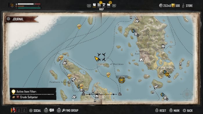 Detailed map in Skull and Bones, with Crude Saltpeter locations and route marked