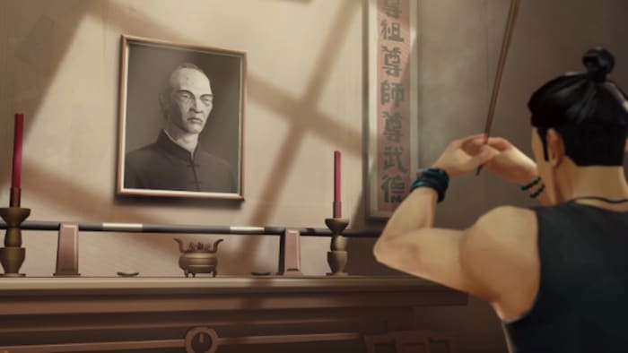 The Sifu protagonist looking at a portrait of an older man, hung over a mantle