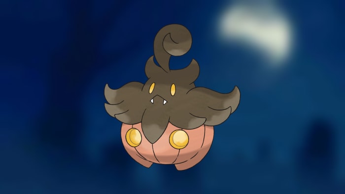 Pokémon Go Pumpkaboo on Ghost-type background.