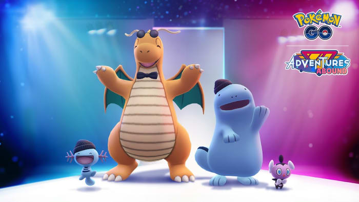 Pokémon Go Fashion Week 2023 stage with Dragonite, Wooper, and other Pokémon wearing fashionable outfits.