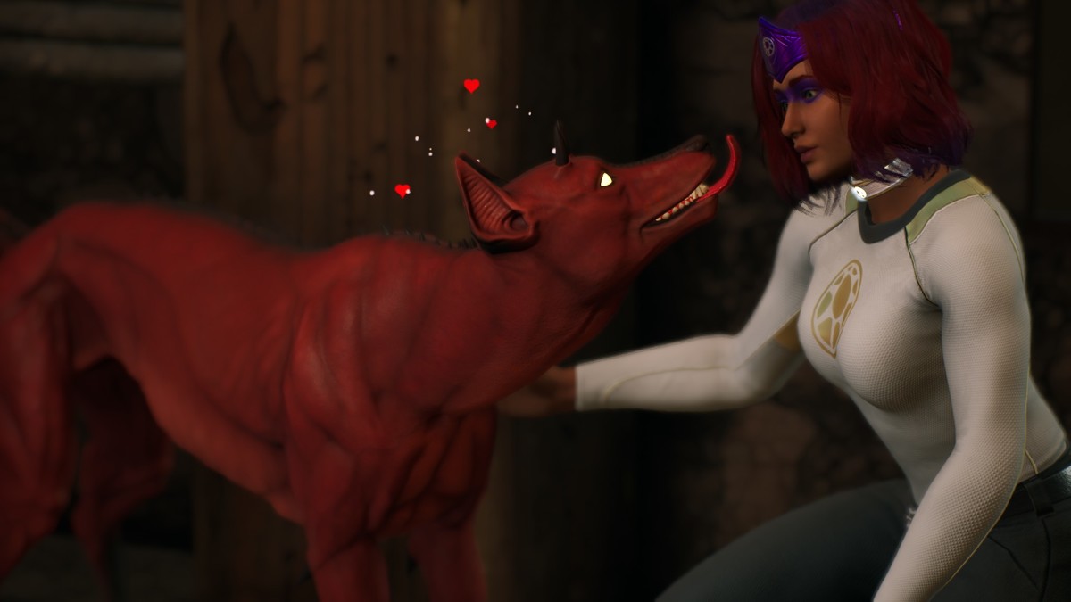 Marvel's Midnight Suns The Hunter petting Charlie