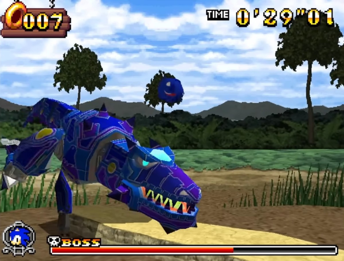 Sonic Rush Adventure sonic beating a mecha T-Rex