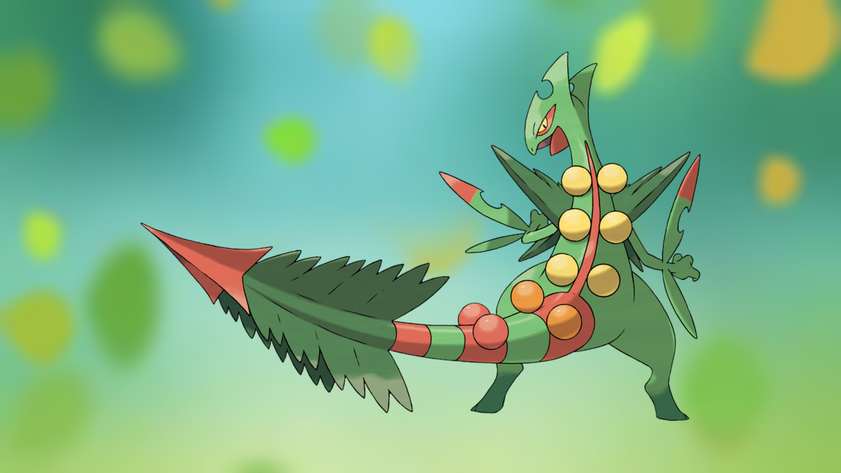 Mega Sceptile on the Pokémon Go Grass-type background.