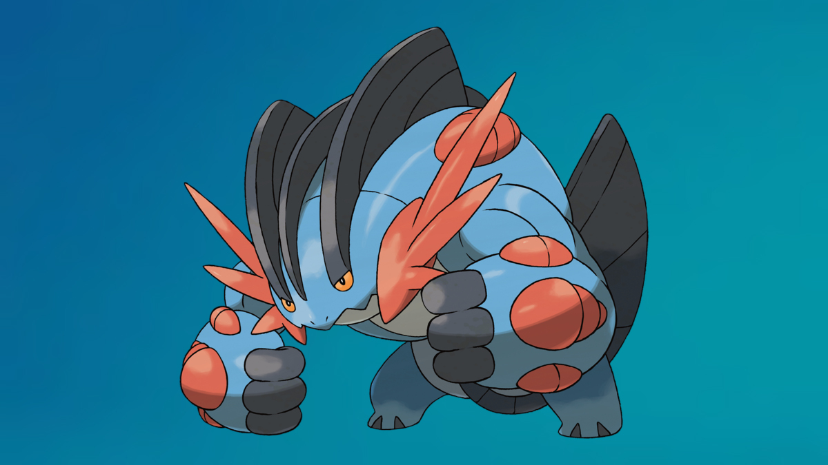 Mega Swampert on the Pokémon Go Water-type background.