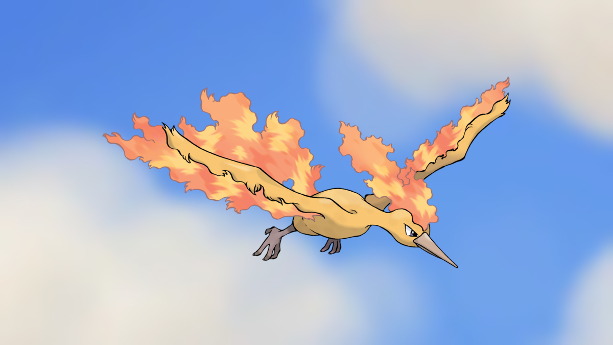 Moltres on the Pokémon Go Flying-type background.