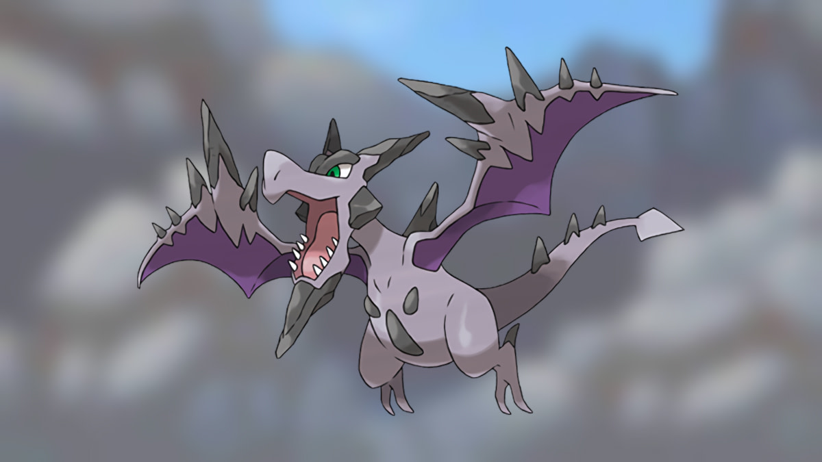 Mega Aerodactyl on the Pokémon Go Rock-type background.