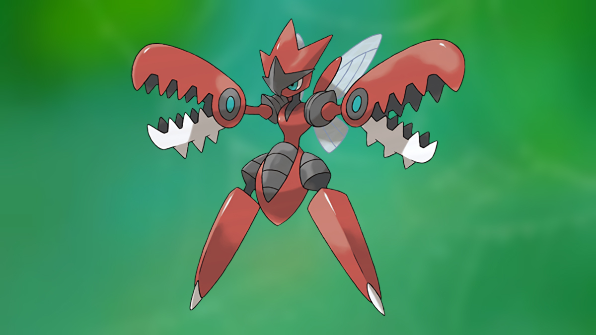 Mega Scizor on the Pokémon Go Bug-type background.