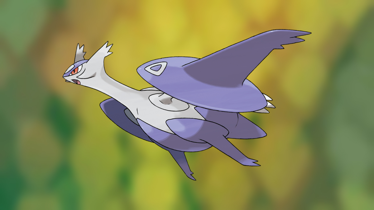 Mega Latios on the Pokémon Go Dragon-type background.