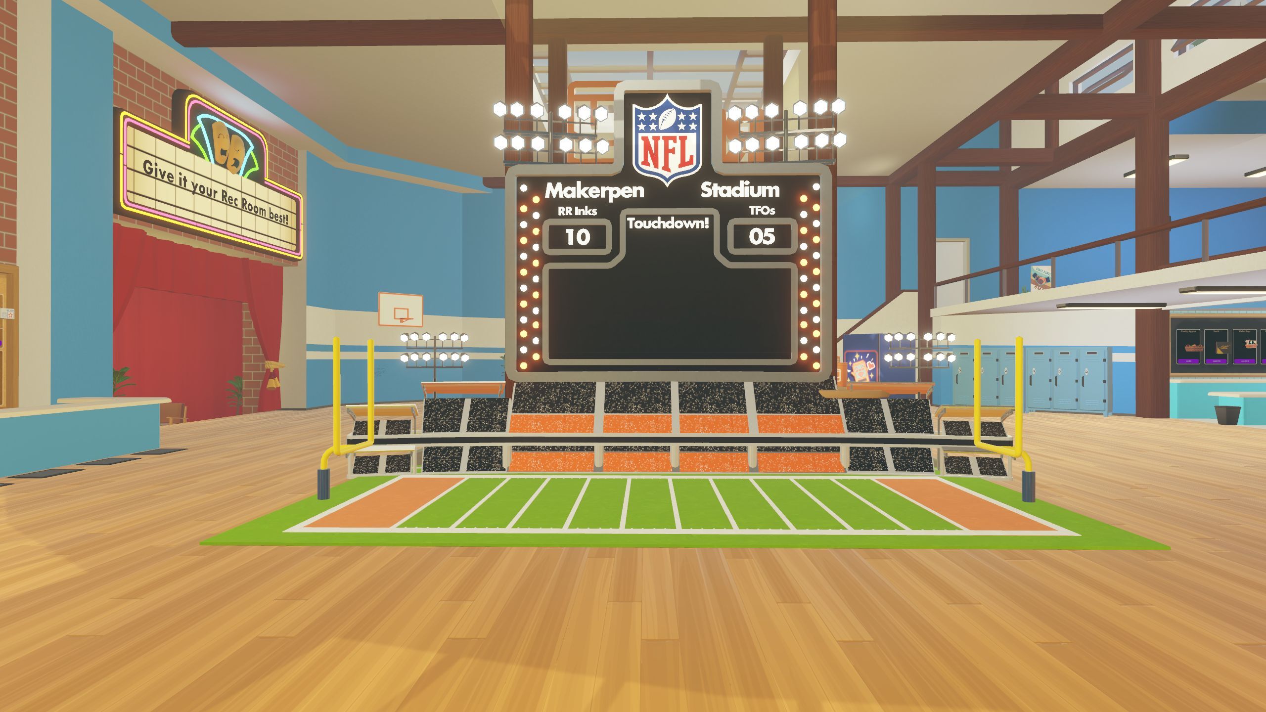 A rec room with NFL decorations.