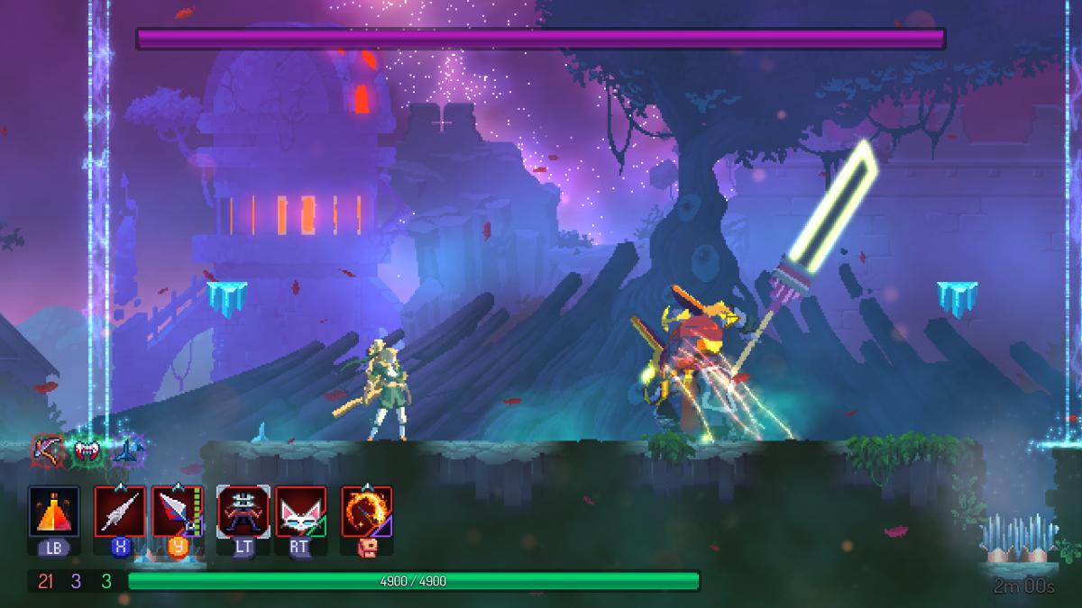 A screenshot from Dead Cells showing the player about to fight final boss The Hand of the King