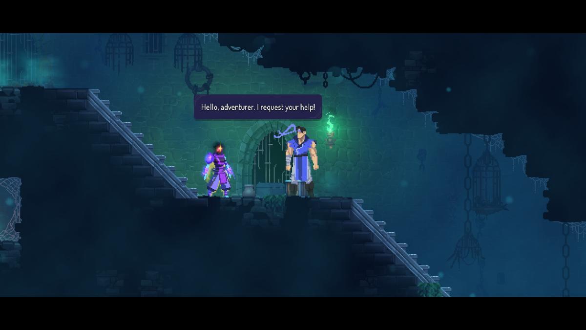 A screenshot from Dead Cells: Return to Castlevania, showing the protagonist standing next to Richter Belmont from Castlevania. Richter has a text box above his head that says "Hello, adventurer. I request your help!"