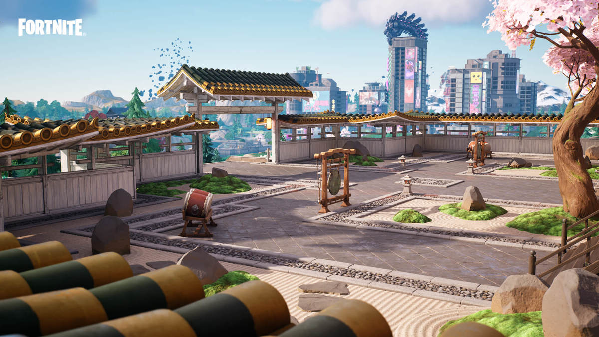 Fortnite Japanese shrine with Mega City in the background