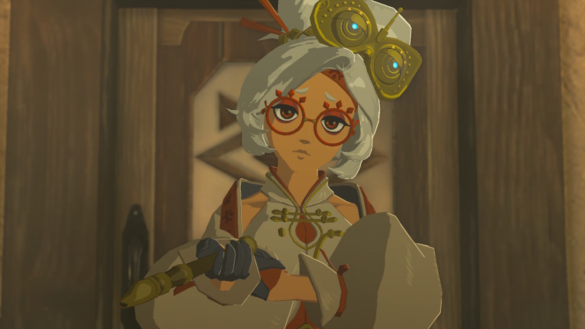 A screenshot of The Legend of Zelda: Tears of the Kingdom, with character Purah holding a flute and looking at the camera.