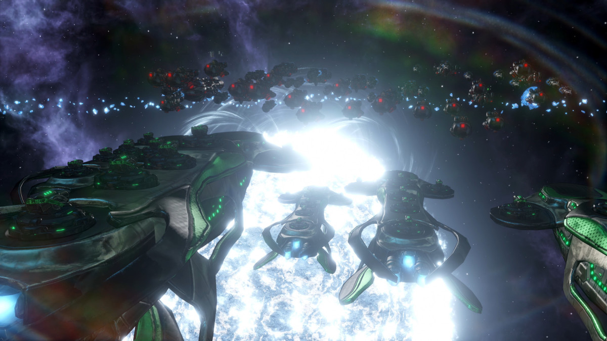 Stellaris screenshot of a fleet in orbit of a star.