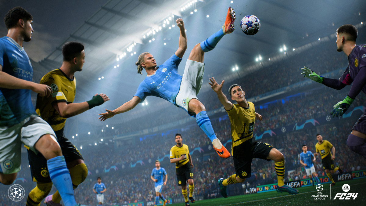 EA Sports FC 24 key art featuring Erling Haaland in a Manchester City UEFA Champions League match