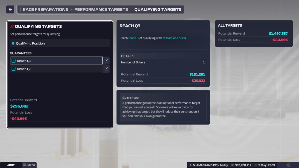 F1 Manager 2023 Optional Sponsor Goals screen.