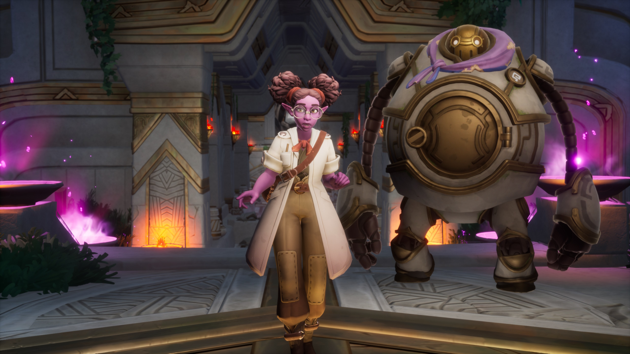 A purple elf woman with her hair in buns, wearing a long cream-colored coat, is standing in an open chamber with a large, round robot behind her.