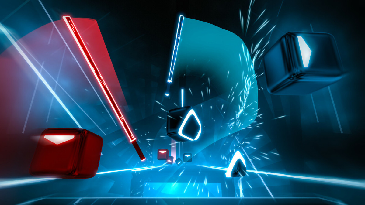 Beat Saber red and blue lightsabers slashing neon blocks